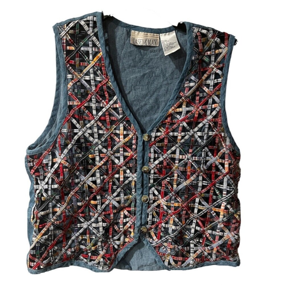 Casey & Max Blue Vest Size L Lattice Work Quilt Cotton Plaid Denim Festival boho